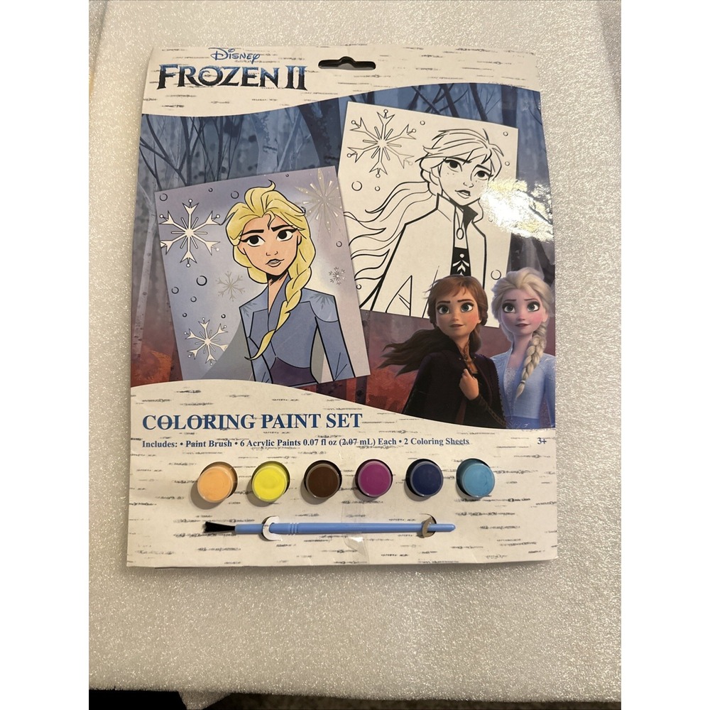 Disney Frozen II Coloring Paint Set‎ Elsa Anna 2 Sheets 6 Acrylic Paints Brush